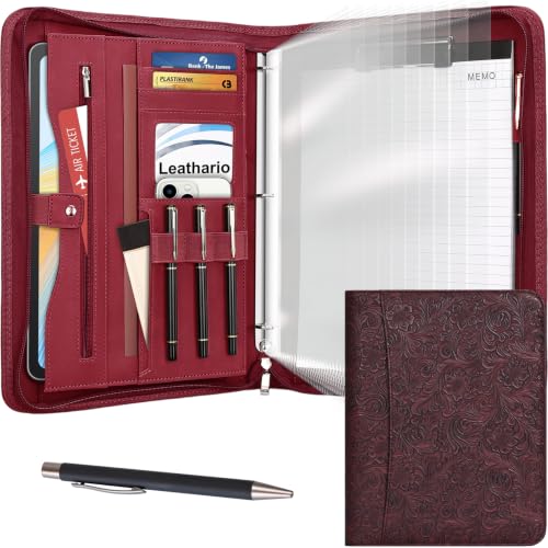 Leathario Portfolio Binder, Padfolio Organizer, 3 Ring Binder with Zipper | Includes Pen and 10 Sheet Protectors, Fits 13 in Tablet, Vegan Leather, for Business Resume Office Professional Men and Women - color: Red-fd