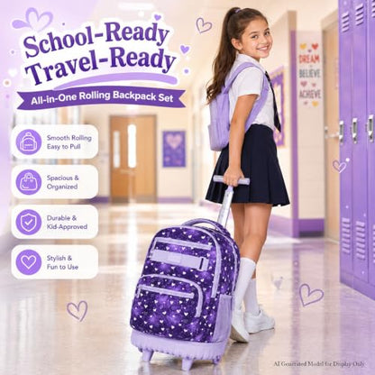 3Pcs Rolling Backpack for Girls, 19" Kids Wheeled Bookbag with Lunch Box, Roller Bag for Elementary Travel (Purple) - color: Starry Sky Purple