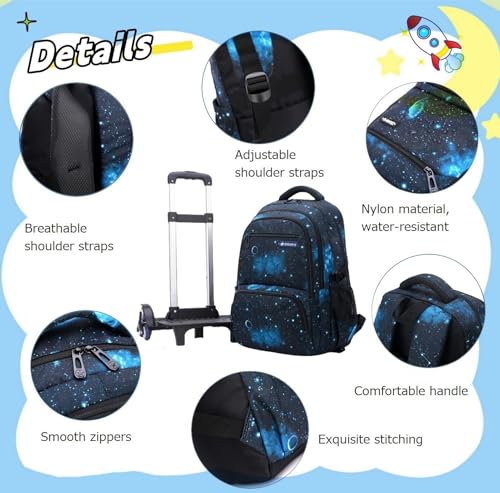 3Pcs Boys Galaxy Rolling Backpack Kids Backpack with Wheels Trolley Bookbag Wheeled School Bag with Lunch Bag - color: Large 6wheels-3pcs Black Blue-starry Sky, size: Large 3-Piece Set