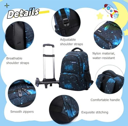 3Pcs Boys Galaxy Rolling Backpack Kids Backpack with Wheels Trolley Bookbag Wheeled School Bag with Lunch Bag - color: Large 6wheels-3pcs Black Blue-starry Sky, size: Large 3-Piece Set