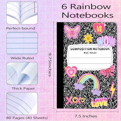 6 Pack Marble Composition Notebook Wide Ruled Preppy Composition Notebooks,Back to School Coquette Aesthetic Notebooks Perfect-bound 80 Pages (40 Sheets) 9.75x7.5 Inches - color: Rainbow