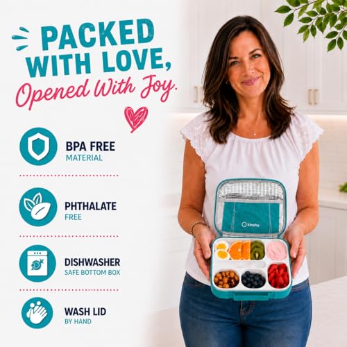 kinsho Lunch Box for Kids Boys Girls - Bento Box Set with Insulated Bag and Ice Pack, 6 Compartment Leak Proof Food Container, BPA-Free, Microwave Safe, Ideal for School & Work, Teal - color: Teal