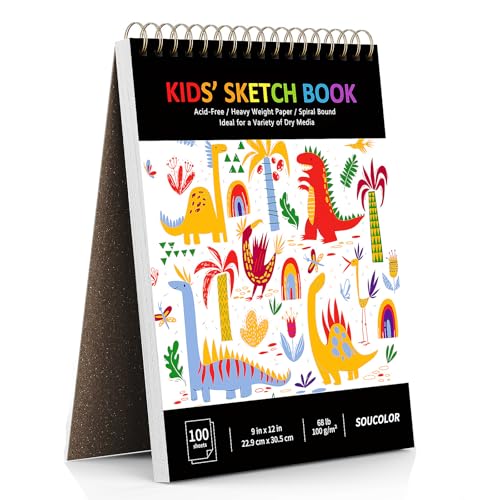 Soucolor Sketch Book for Kids, 9" x 12" Kids Sketchbook | 100 Sheets |Acid-Free Drawing Paper |Spiral bound| Lightweight fine-texture matte - color: Cute Black, size: 9" x 12" (Pack of 1)