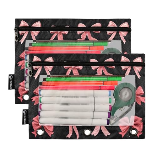 Pink Red Bow Black Pencil Pouch for 3 Ring Binder 2 Pack Zipper Binder Pencil Bag Case with Clear Window Office Supplies - color: multi5