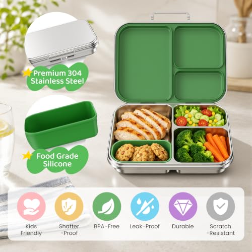 Pawtong Stainless Steel Bento Box for Kids and Adults, 3 Compartment Leakproof Lunch Box with Removable Silicone Seal and Silicone Contianer, Metal Lunch Container for School, Work and Travel (Green) - color: Green