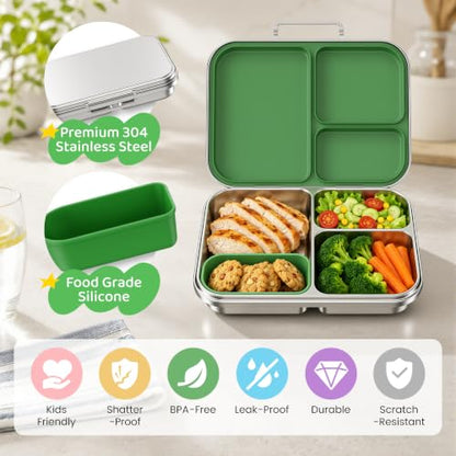 Pawtong Stainless Steel Bento Box for Kids and Adults, 3 Compartment Leakproof Lunch Box with Removable Silicone Seal and Silicone Contianer, Metal Lunch Container for School, Work and Travel (Green) - color: Green