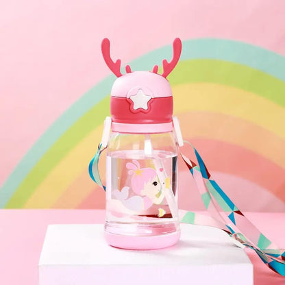 F1rst Impex Water Bottle with Straw and Shoulder Strap for Students and Children (Pink, Pack of 2) - color: Pink