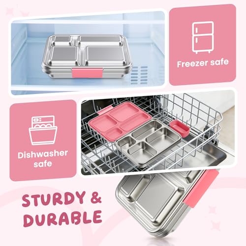 Stainless Steel Bento Box, 4-Compartment Metal Lunch Box with Removable Silicone, Lunch Container for Kids & Adults with Silicone Inner Container, School, Office, Dishwasher Safe(Pink) - color: Pink