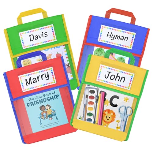 EAMAY Book Pouches for Kids, Clear Pocket Reading Bags for Classroom,– Send Home Books and Homework in Book Buddies Bags – Stitched-On Handle, Colorful(10" x 12")-Set of 4