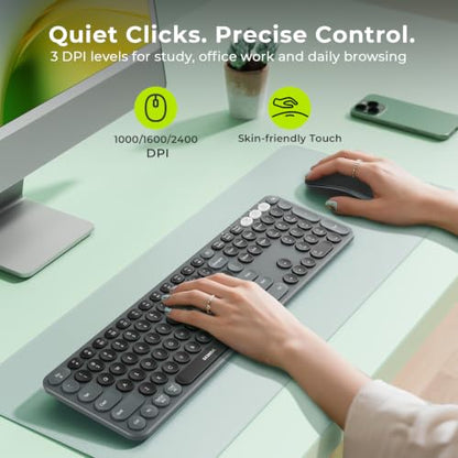 seenda Wireless Bluetooth Keyboard Mouse Combo, COE202 Retro Cute Round Keyboard, Silent Mouse, 3 Multi-Device Connection, Full Size Compatible for PC/Laptop/Mac/MacBook/iPad/Tablet, Black - color: Black