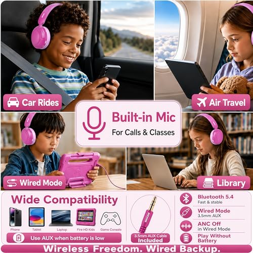 MIDOLA Kids Bluetooth Headphones Active Noise Cancelling Lightweight Wireless Headphone for Kid Volume Limited 85/94dB Foldable Over-Ear Headset with Mic,68 Hours Playtime,for Toddler Child Rose Pink - color: Rose Pink