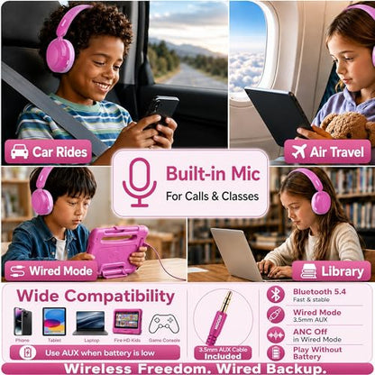 MIDOLA Kids Bluetooth Headphones Active Noise Cancelling Lightweight Wireless Headphone for Kid Volume Limited 85/94dB Foldable Over-Ear Headset with Mic,68 Hours Playtime,for Toddler Child Rose Pink - color: Rose Pink