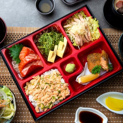 Teenyyou 4 Pcs 12 x 9.5 x 2.2 inches Japanese Bento Box Adult 6 Compartments Divided Japanese Food Presentation with Greaseproof Restaurant Bento Tray Sushi Tray Gift for Sushi Home Restaurant - style: 6 Compartments