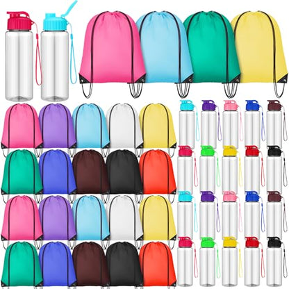40 Pcs 17 oz Plastic Water Bottles Bulk and Drawstring Backpack Set for Back to School Gifts Reusable Flip Top Leakproof Water Bottles with Handle Adults Sports Gym Travel Outdoor(Lovely) - color: pink, green, blue, yellow