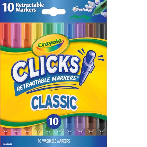Crayola Clicks Retractable Tip Markers (10ct), Washable Cone Tip Art Marker Set, Cute Aesthetic School Supplies, Classroom Must Haves, Ages 3+ - color: Classic, style: Click Retractable Marker