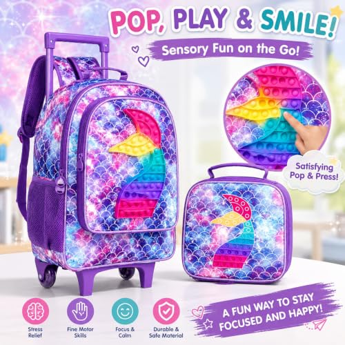 WZLVO 4PCS Rolling Backpack for Girls,Kids Mermaid Backpacks with Roller Wheels, Wheeled Bookbag with Lunch Box for Toddler Elementary School - color: Fish Rolling Purple