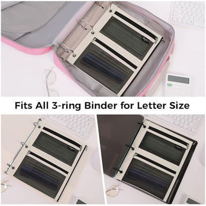 SKYDUE 3 Ring Pencil Pouch for Binder, Zipper Binder Pencil Pouch with 3 Pockets and Mesh Window, Durable Organizer for School Supplies, Cables, Earbuds, Makeup - color: Beige
