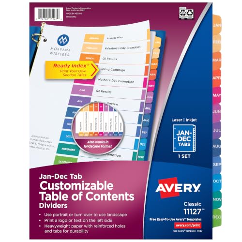 Avery Jan-Dec Dividers for 3 Ring Binders, 12 Tabs per Set, Customizable Table of Contents, Multicolor Tabs, Great for Organizing Reports, Projects, and More (11127) - size: 1-pack, style: 1 Set