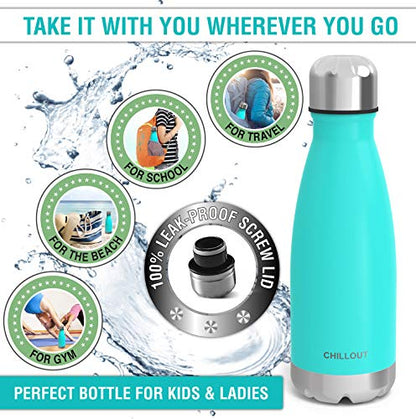 CHILLOUT LIFE 12oz Kids Insulated Stainless Steel Water Bottle, Leak Proof | Small Metal Water Bottle, Keeps Drinks Cold 24H & Hot 12H, Leak-Proof Screw Lid, Perfect for School, Travel & Sports - color: Aqua Blue