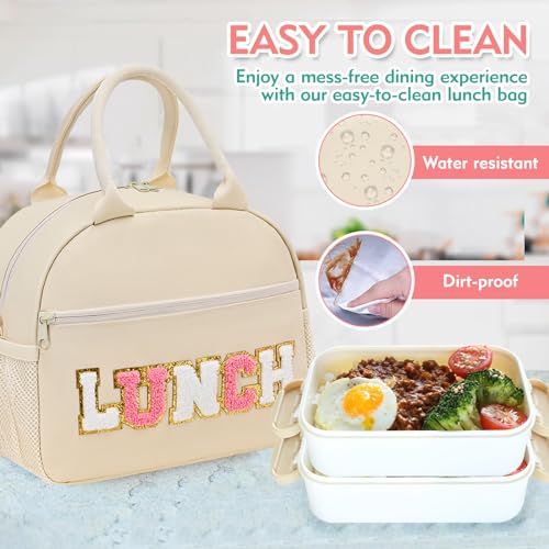 Lunch Bag for Girls and Women, Cute Preppy Lunch Bag with Chenille Letters, Insulated Large Capacity Lunch Tote with Detachable Strap for School, Work & Picnic, Beige - color: Beige