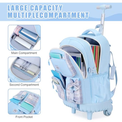 Bevalsa Rolling Backpack for Girls, Roller Backpack with Wheels, Cute Bow Plaid Wheeled School Bookbag Set with Lunch Bag & Pen Case, Suitcases for Kids Teens Elementary Middle Student (Blue) - color: Blue Plaid