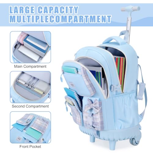 Bevalsa Rolling Backpack for Girls, Roller Backpack with Wheels, Cute Bow Plaid Wheeled School Bookbag Set with Lunch Bag & Pen Case, Suitcases for Kids Teens Elementary Middle Student (Blue) - color: Blue Plaid