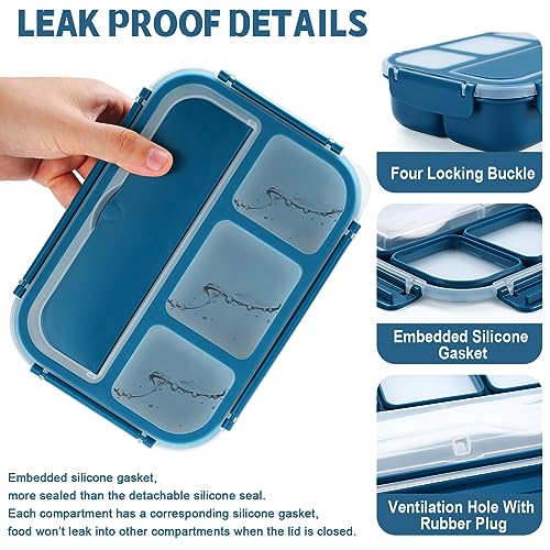 shell and turtle Bento Box Adult Lunch Box, Kids Lunch Containers for School with 4 Compartments, with Utensils, Sauce Jar, Muffin Liners, Microwave Safe, Navy - color: Navy