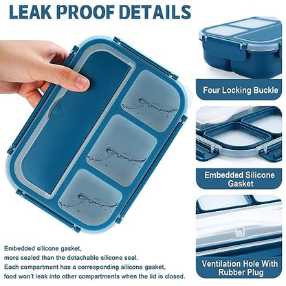 shell and turtle Bento Box Adult Lunch Box, Kids Lunch Containers for School with 4 Compartments, with Utensils, Sauce Jar, Muffin Liners, Microwave Safe, Navy - color: Navy