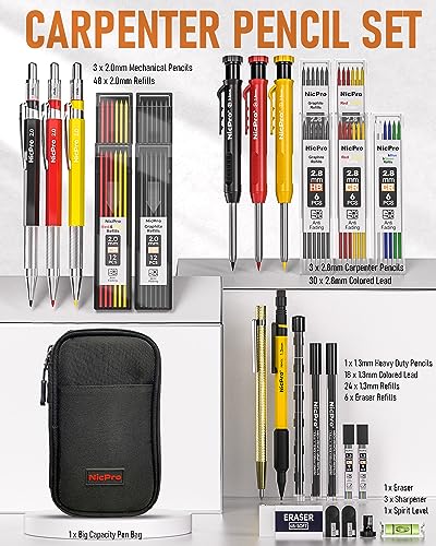 Nicpro 28 Pack Carpenter Pencil Set with Sharpener, Mechanical Carpenter Pencils with 127PCS Refills and Carbide Scribe Tool, Heavy Duty Construction Pencils for Architect Woodworking-With Canvas Case - size: 28 Pack