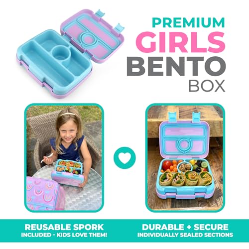 kinsho Kids Bento Lunch Box, Reusable Meal and Snack Container, Lunch Boxes for Small Girls & Toddlers Lunches, 4 Compartment - School, Daycare, Drop-Proof BPA Free, Purple Rainbow - color: Rainbow Bento