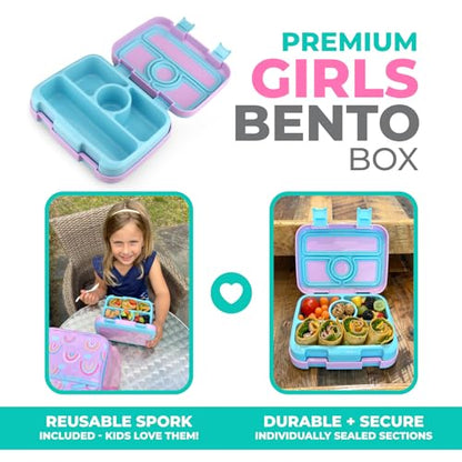 kinsho Kids Bento Lunch Box, Reusable Meal and Snack Container, Lunch Boxes for Small Girls & Toddlers Lunches, 4 Compartment - School, Daycare, Drop-Proof BPA Free, Purple Rainbow - color: Rainbow Bento