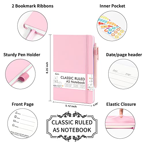 feela 12 Pack Notebooks Journals Bulk, Hardcover Notebook Classic Ruled Lined Journals with Pen Holder for Women Girls School Business Supplies, with 12 Black Pens, 120 GSM, 5.1”x8.3”, A5, Rose Pink - color: 12 Rose Pink