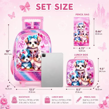 AGSDON 3PCS Rolling Backpack for Girls and Boys, Kids Roller Wheels Bookbag, Wheeled Elementary School Bag with Lunch Bag - color: Three Dog