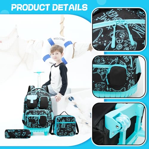 Meetbelify Rolling Backpack for Girls Boys Backpacks with Wheels Kids Carry on Luggage for Girls Boys - color: Boy Game