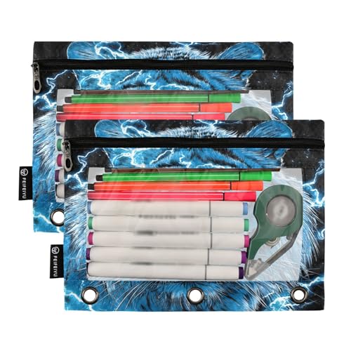 Blue Tiger Pencil Pouch for 3 Ring Binder Pencils Bag Pencil Case with Zipper Clear Window for School Office 2 Packs - color: Blue Lighting Tiger