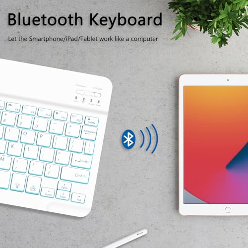 for Bluetooth Keyboard, Cute Tablet Stand Adjustable & Foldable, 7-Color Wireless Rechargeable Keyboard for iPad, iPad Pro/Mini/Air, Samsung Xiaomi Tablets, etc - White - color: B-Backlight Keyboard-White