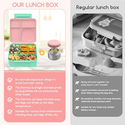 Bento Box for Kids - Leak-Proof Bento Lunch Box with Insulated Thermo Food Jar - 4 Compartments, 1 Removable Divider, 1 Spoon, 1 Fork - Dishwasher Safe, BPA-Free (Light pink) - color: Light Pink