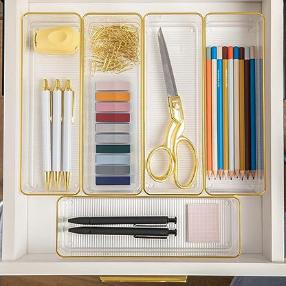 Martha Stewart Kerry Plastic Stackable Office Desk Drawer Organizers, 12" x 3", 6 Pack, with Gold Trim - size: 12" x 3"