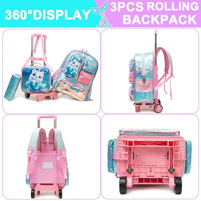 Meetbelify Cute Cat Rolling Backpack for Girls Backpack with Wheels for Elementary Student Kids School Bag with Lunch Box Pencil Case for Girls Ages 6-8 Years Old - color: Cat Mermaid