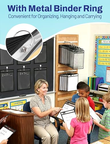 SUNEE 6 Packs Oversized Reusable Dry Erase Pocket Sleeves with Ring, Black 10x14 Ticket Holders, Clear Plastic Sheet Protectors, Teacher School Classroom Supplies - color: Black, style: 6 Pack