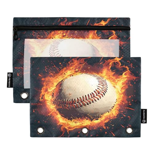 SUABO Baseball Flame Pencil Pouch for 3 Ring Binder, 2 PCS Fire Binder Pencil Pouch with Zipper, Clear Window Zipper Pencil Case Pencil Bags for Office Supplies - color: Baseball2