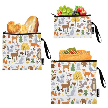 Reusable Food Storage Bags Cute Woodland Animals 3 Pack Set Lunch Bag Compact Sandwich Snack Bag Small Medium Large for Lunch, Travel & Organization - color: Bag 10
