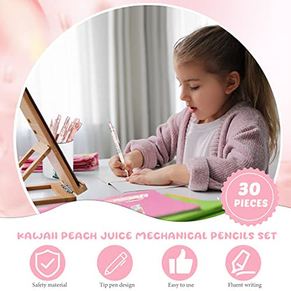 Breling 30 Pcs Kawaii Peach Mechanical Pencil Gift Set 12 Mechanical Japanese Pencils 6 Cute Peach Eraser 12 Tube HB Refill First Day of School Office Gift(0.7mm) - size: 0.7mm