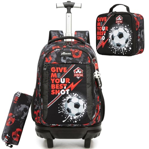Rolling Backpack for Kids 8-12 Boys Football Backpack with Wheels for School Backpacks for Boys Kids Backpacks for Elementary Middle School Student - color: Black Soccer
