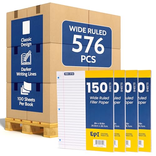 576 Pack (Pallet) Bulk EPI Filler Paper – Wide Ruled, 150 Sheets Loose Leaf Paper – 3-Hole Punched for 3 Ring Binder Refill – 10.5 x 8in – Bulk School Supplies, Office and Classroom Lined Pads - color: Wide Ruled, size: 576 Pack