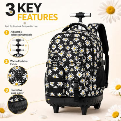 CCJPX Rolling Backpack for Girls, 3Pcs Roller Wheeled School Bookbag, Daisy Wheels Backpacks with Lunch Box for Kids (Black) - color: Daisy Black