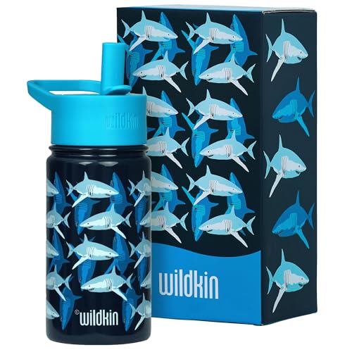 Wildkin Kids Stainless Steel Water Bottle, 14oz, Sharks | 14oz insulated steel water bottle — coordinates with matching Wildkin backpacks and lunch boxes - color: Sharks, size: 14 Oz