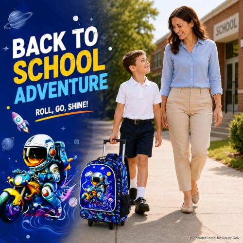 HPJGD 3PCS Astronaut Rolling Backpack for Boys, Kids School Backpacks with Wheels, Water Resistant UV Printed Roller Wheeled Bookbag Set - color: Boys Motorbike Astronauts Rolling Backpack Blue