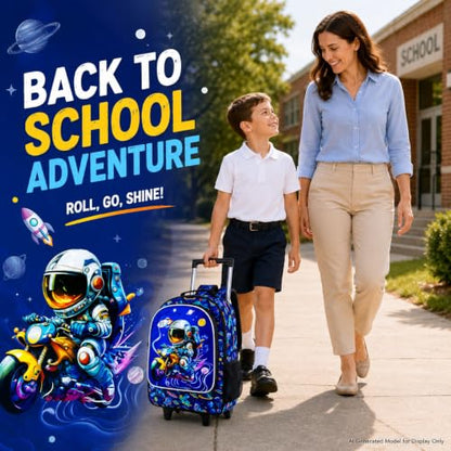 HPJGD 3PCS Astronaut Rolling Backpack for Boys, Kids School Backpacks with Wheels, Water Resistant UV Printed Roller Wheeled Bookbag Set - color: Boys Motorbike Astronauts Rolling Backpack Blue