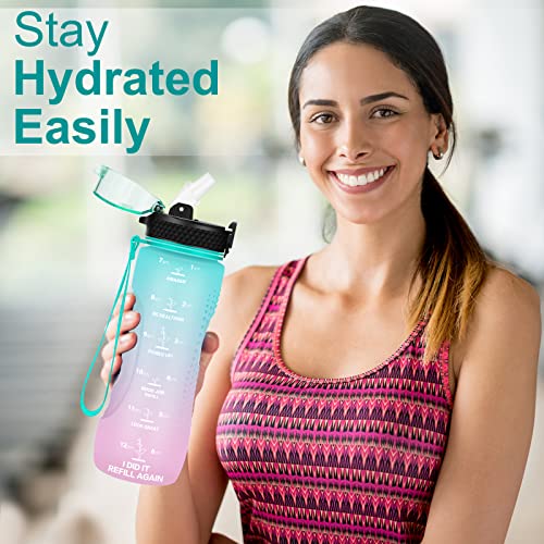 24 OZ Motivational Kids Water Bottle With Time Marker,Leak Proof,Straw Lid, Tritan BPA Free Sports Water Bottle Light green pink(1 Lid) - color: Light green pink